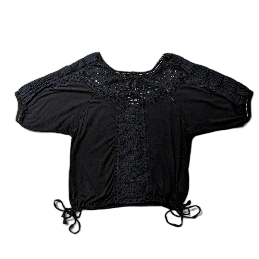 Anthropologie Vanessa Virginia Black Eyelet Lace Cinch Waist Top M
